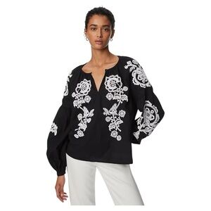 M&S COLLECTION Pure Cotton Embroidered Puff Sleeve Blouse Black & White Size 10